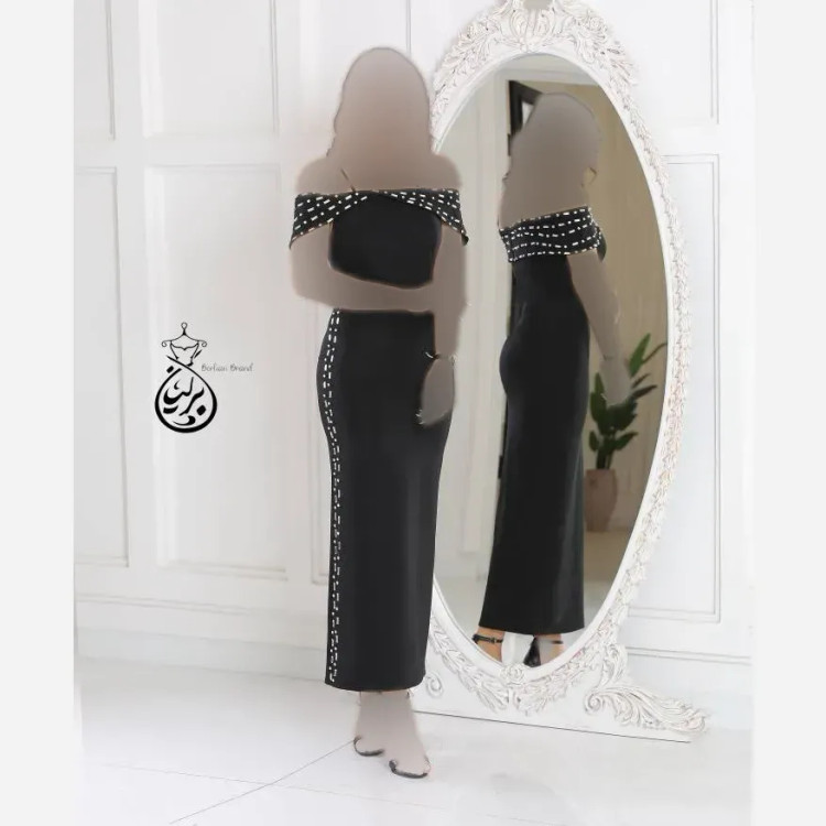 پیراهن مجلسی زنانه غواصی نگین دوزی شده سایزبندی کامل مشکی سورمه ای