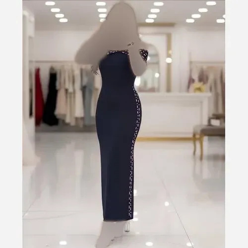 پیراهن مجلسی زنانه غواصی نگین دوزی شده سایزبندی کامل مشکی سورمه ای