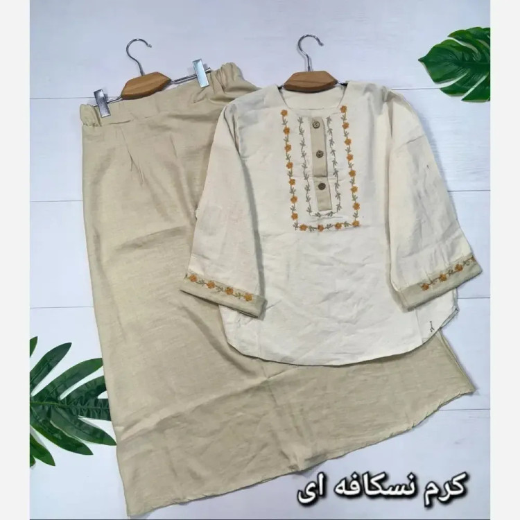 ست شومیز و دامن زنانه ژیوا، جنس لنین و شانتون، سایز فری 38-46