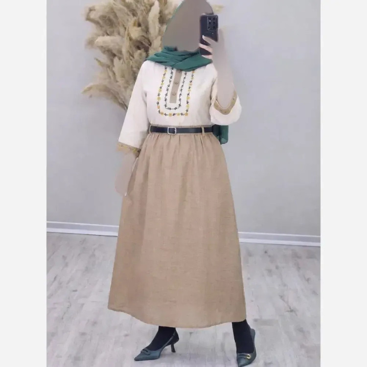 ست شومیز و دامن زنانه ژیوا، جنس لنین و شانتون، سایز فری 38-46