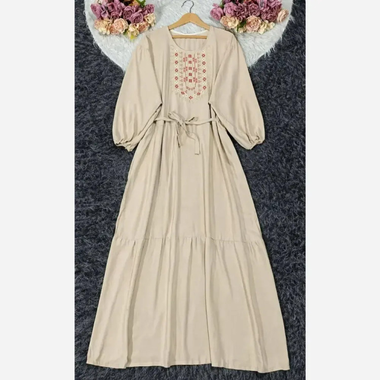 پیراهن ساحلی نخی بلند زنانه فری سایز کد 9660 با گلدوزی چاپی