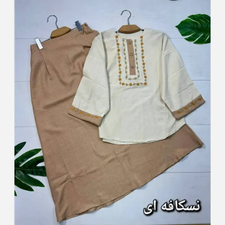 ست شومیز و دامن زنانه ژیوا، جنس لنین و شانتون، سایز فری 38-46