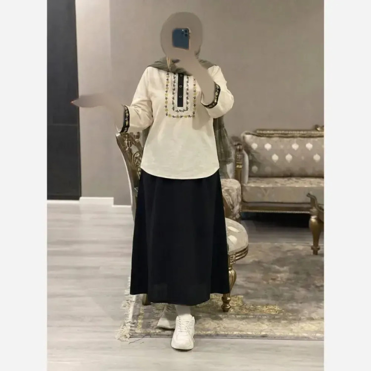 ست شومیز و دامن زنانه ژیوا، جنس لنین و شانتون، سایز فری 38-46