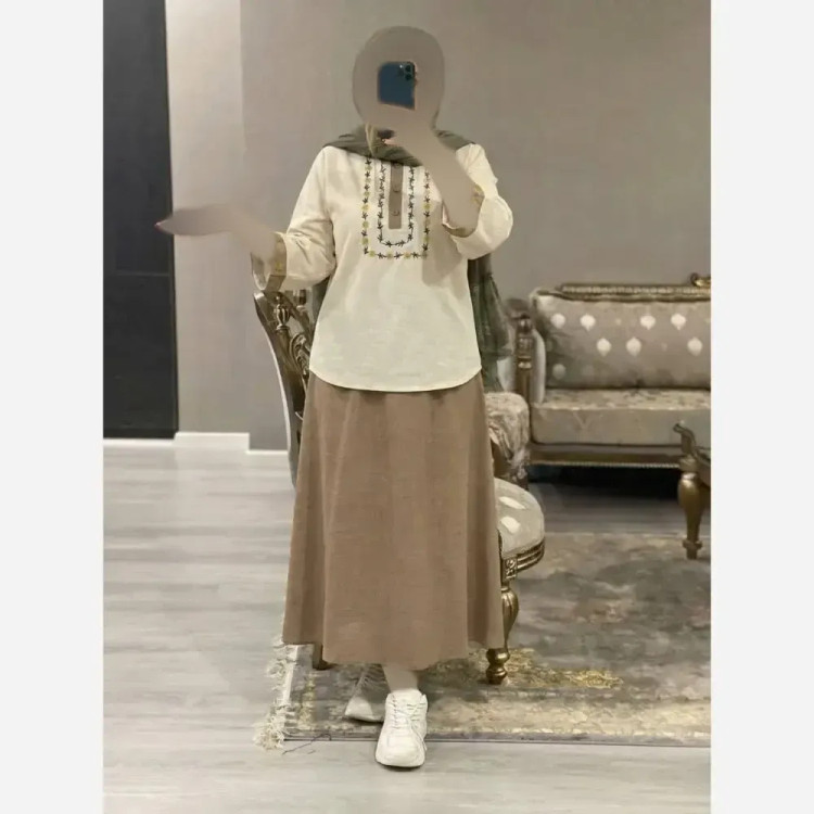 ست شومیز و دامن زنانه ژیوا، جنس لنین و شانتون، سایز فری 38-46
