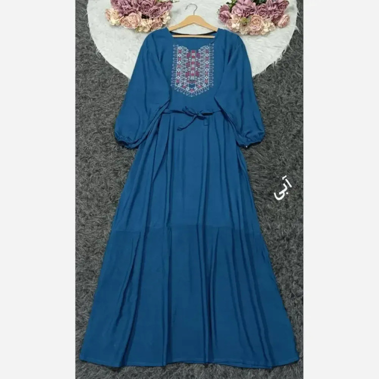 پیراهن ساحلی نخی بلند زنانه فری سایز کد 9660 با گلدوزی چاپی