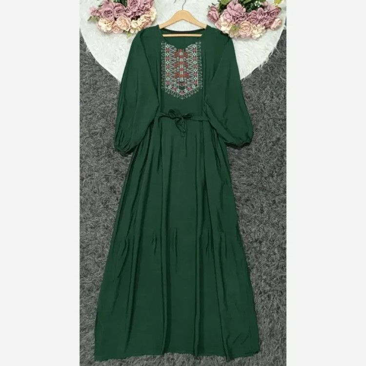 پیراهن ساحلی نخی بلند زنانه فری سایز کد 9660 با گلدوزی چاپی