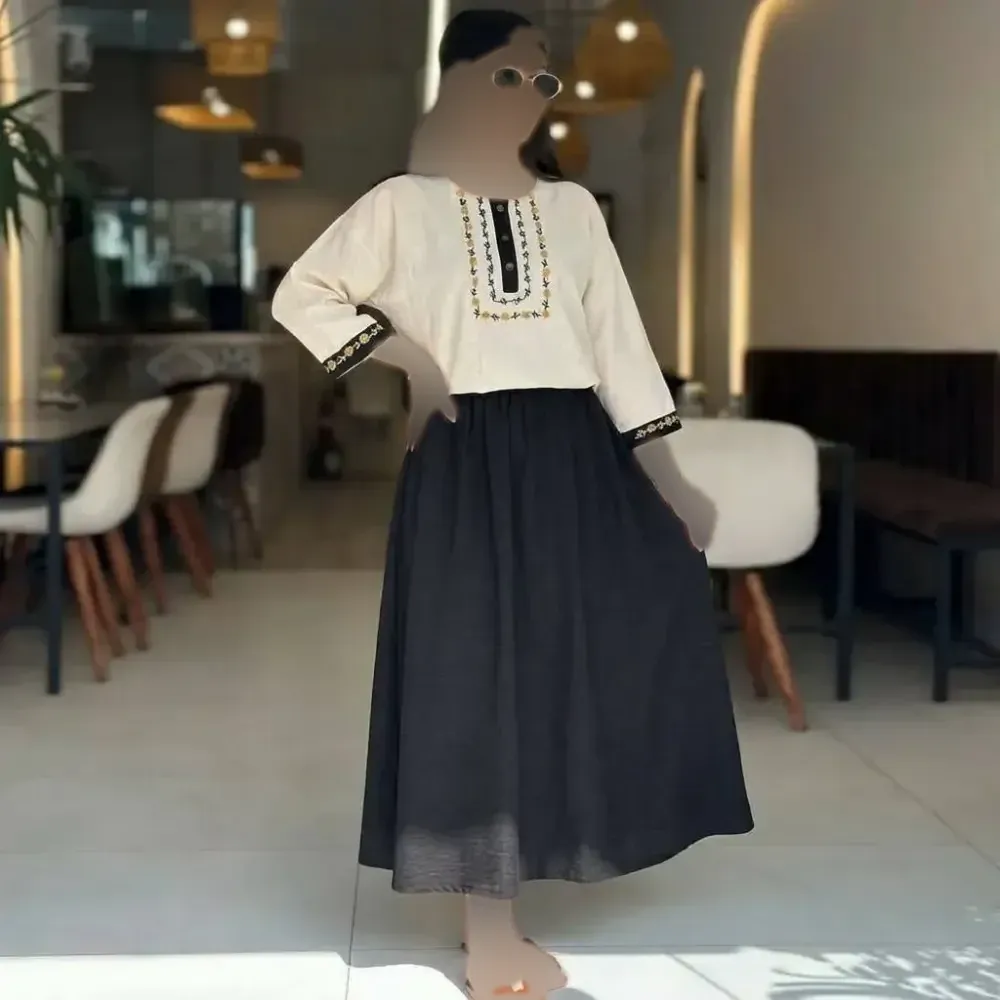 ست شومیز و دامن زنانه ژیوا، جنس لنین و شانتون، سایز فری 38-46