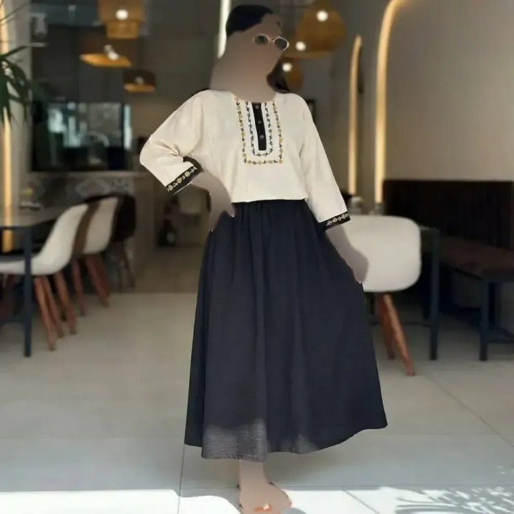ست شومیز و دامن زنانه ژیوا، جنس لنین و شانتون، سایز فری 38-46