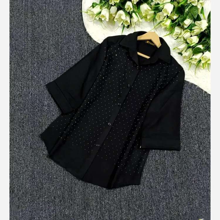 شومیز مجلسی نگینی شانتون ژاکارد زنانه فری سایز 38 تا 48 مشکی کرم نسکافه قهوه ای طوسی