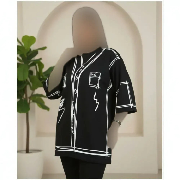 تیشرت لش طرح پیراهنی نخی پنبه فری سایز تا 52 مشکی