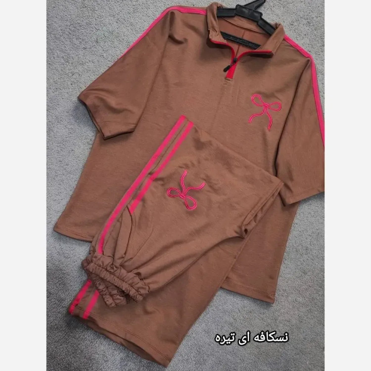 ست تیشرت و شلوار نخی زنانه فری سایز تا 46 طرح نواری کیفیت بالا