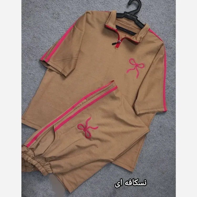 ست تیشرت و شلوار نخی زنانه فری سایز تا 46 طرح نواری کیفیت بالا