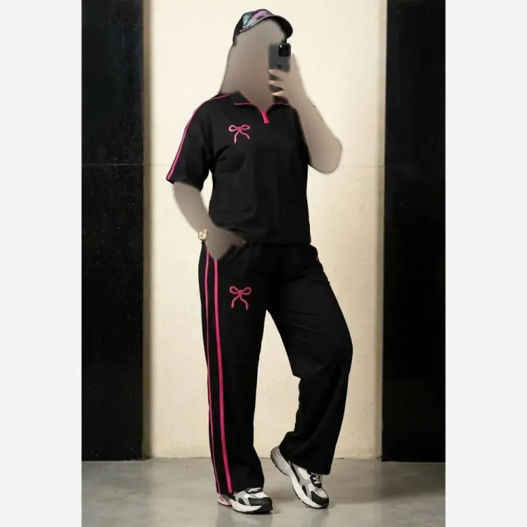 ست تیشرت و شلوار نخی زنانه فری سایز تا 46 طرح نواری کیفیت بالا