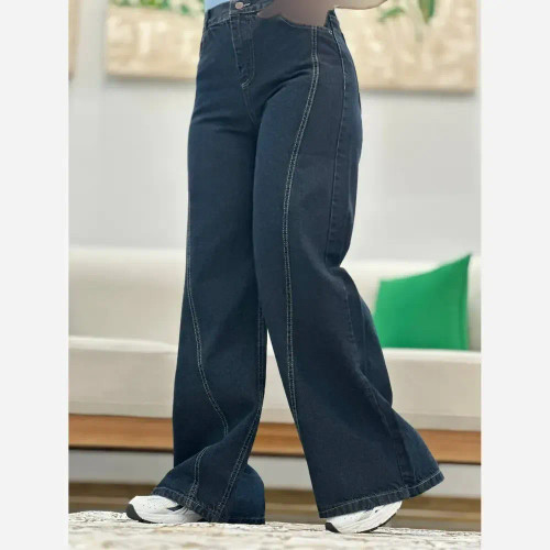 شلوار جین شافل ضخیم سنگشور شده سرمه ای زنانه سایزبندی کامل