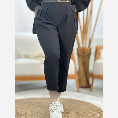 شلوار مام لینن زنانه | قد 89 | فاق 30 | کمر کش | جیب دار | مشکی و سبز