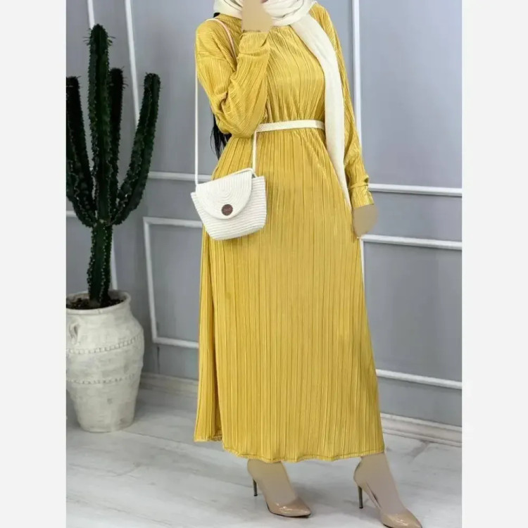 پیراهن ساحلی مژده زنانه ساتن پلیسه فری سایز خردلی و هلویی