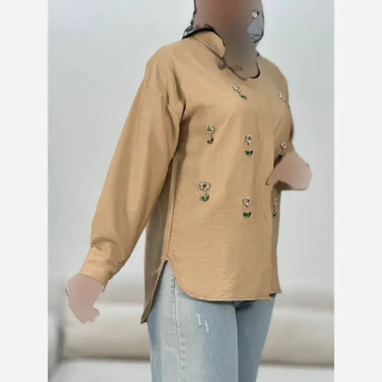 شومیز مانتویی کرسپو سنگدوزی شده فری سایز زنانه کرم گل ریز