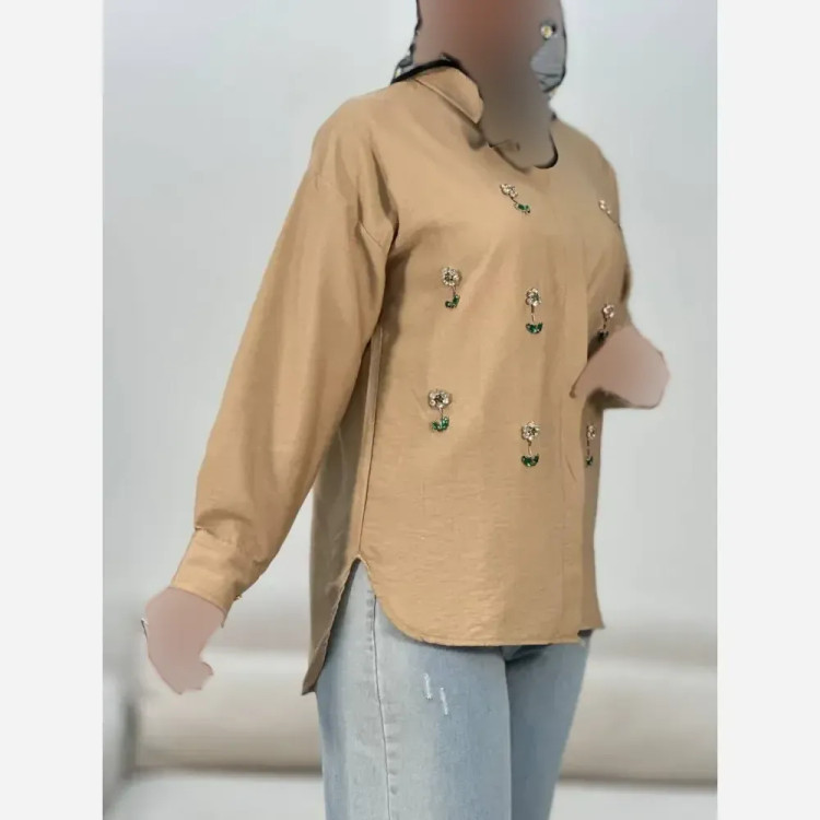 شومیز مانتویی کرسپو سنگدوزی شده فری سایز زنانه کرم گل ریز