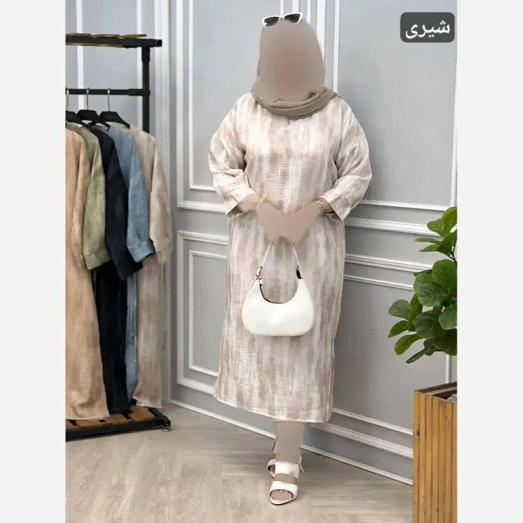 پیراهن یقه کوبایی زنانه فری سایز صوفیا گازوییلی شیری قد 120