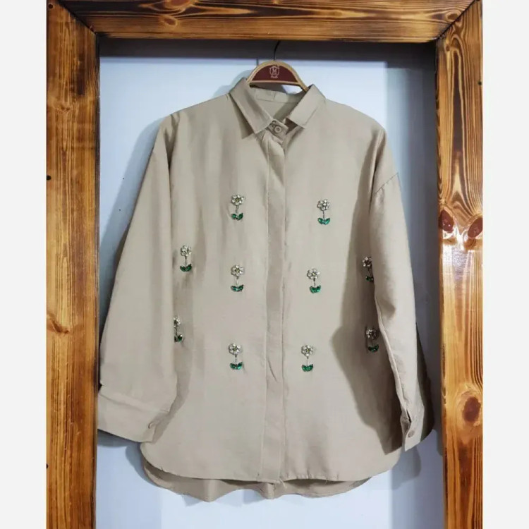 پیراهن یقه کوبایی زنانه فری سایز صوفیا گازوییلی شیری قد 120