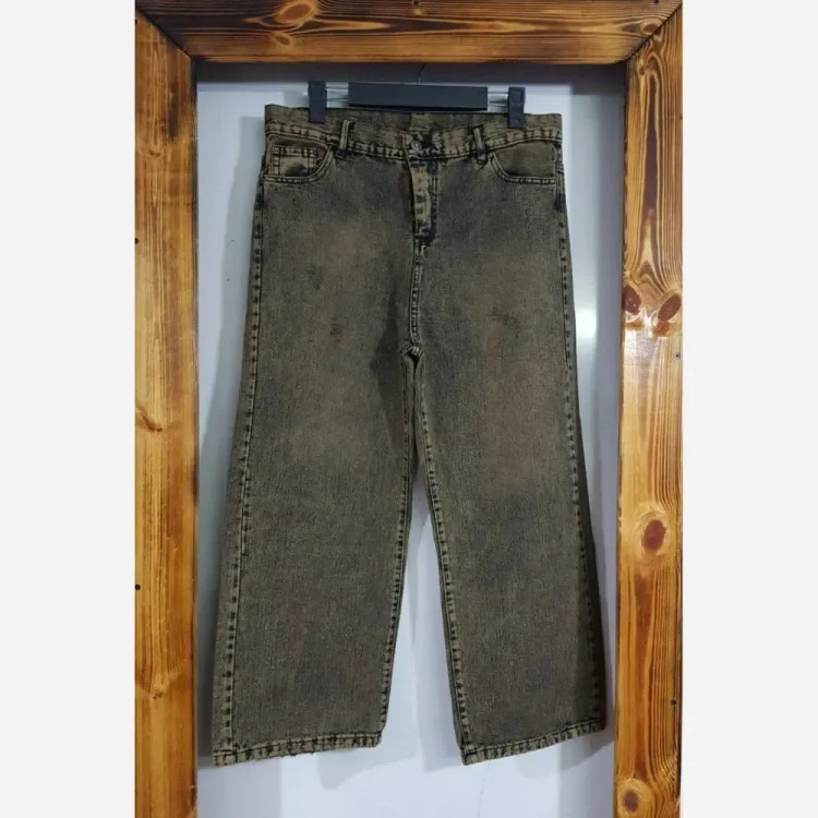 شلوار نیم بگ واید زنانه جین سنگشور شده طوسی و کرم سایز 38 تا 48