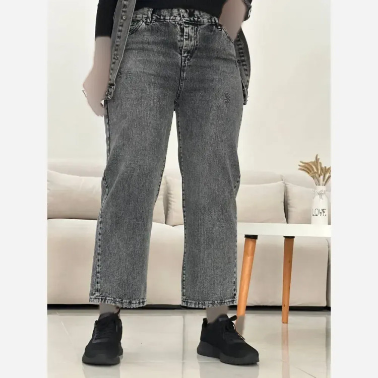 شلوار نیم بگ واید زنانه جین سنگشور شده طوسی و کرم سایز 38 تا 48