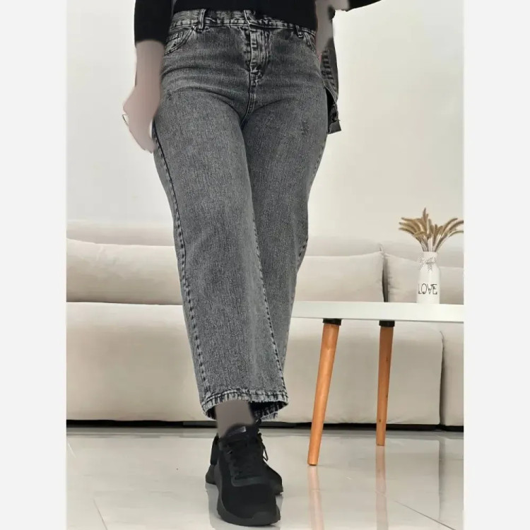 شلوار نیم بگ واید زنانه جین سنگشور شده طوسی و کرم سایز 38 تا 48