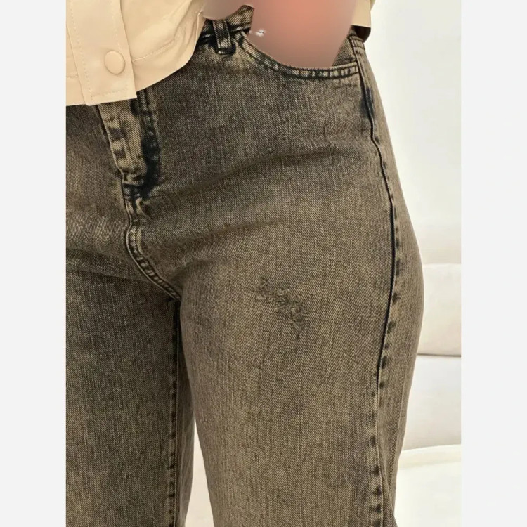 شلوار نیم بگ واید زنانه جین سنگشور شده طوسی و کرم سایز 38 تا 48