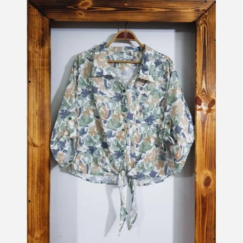 شومیز گره ای لینن پفکی وال اسلب فری سایز زنانه صورتی سبز گل