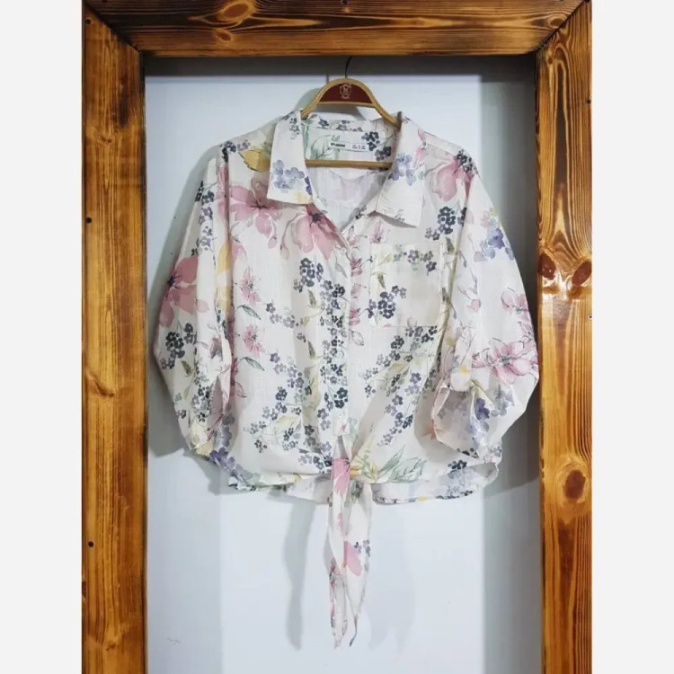 شومیز گره ای لینن پفکی وال اسلب فری سایز زنانه صورتی سبز گل