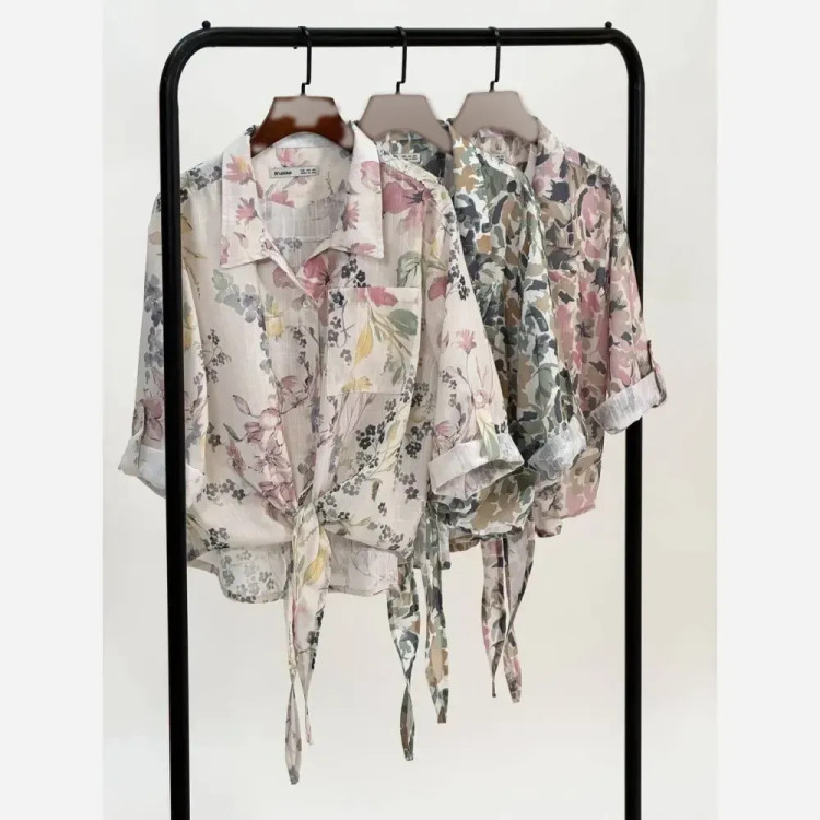 شومیز گره ای لینن پفکی وال اسلب فری سایز زنانه صورتی سبز گل