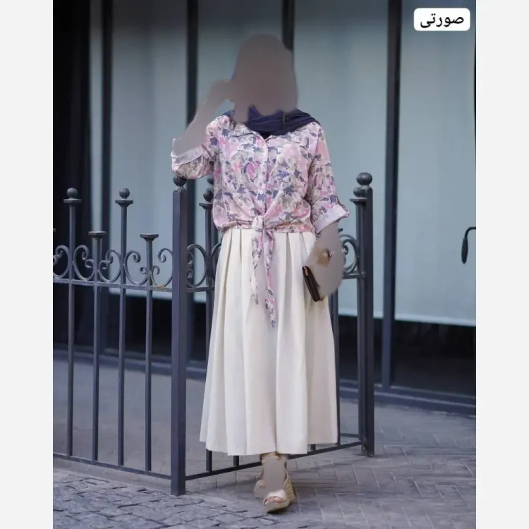 شومیز گره ای لینن پفکی وال اسلب فری سایز زنانه صورتی سبز گل