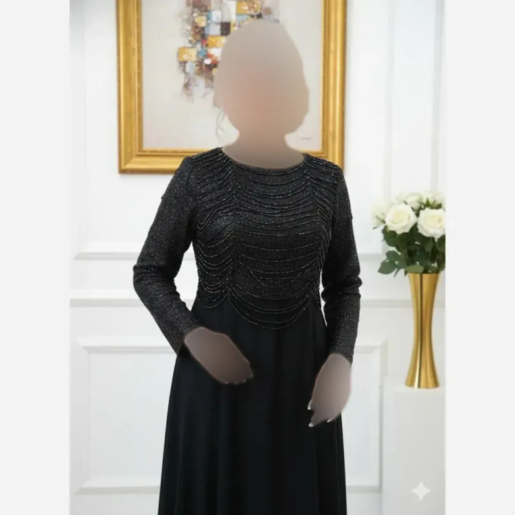 ماکسی زنانه شمیم مشکی سایزبندی 44 تا 54 قد 155 دانتل چمنی حریر کلوش سنگ کریستال
