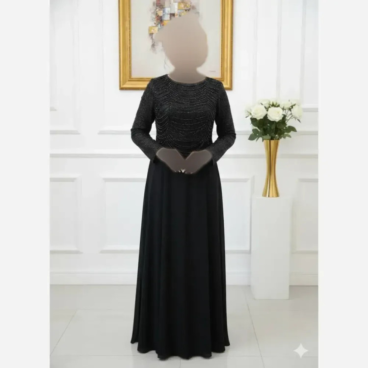 ماکسی زنانه شمیم مشکی سایزبندی 44 تا 54 قد 155 دانتل چمنی حریر کلوش سنگ کریستال