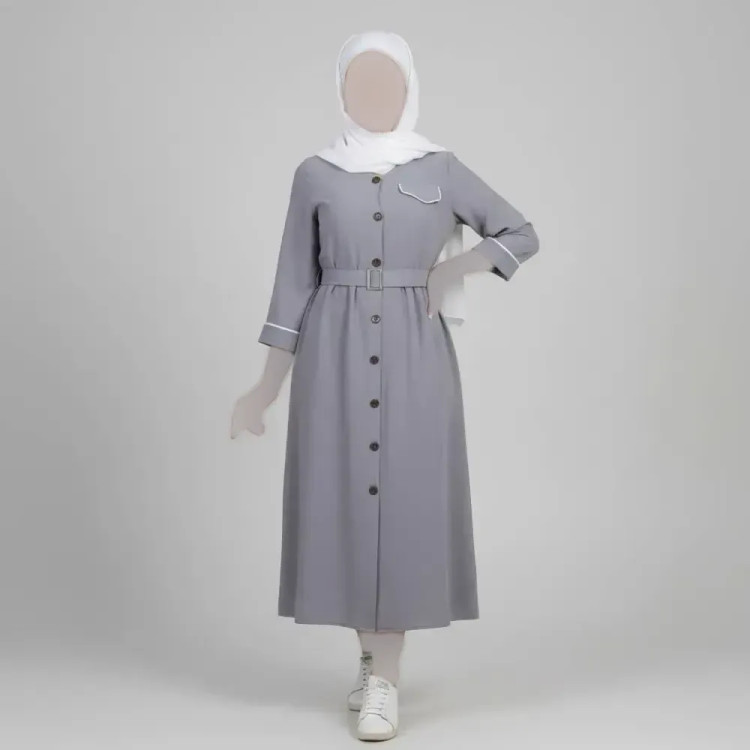 مانتو زنانه طرح سارا ابروبادی قد 118 طوسی سفید سایز 1 تا 4 کمربند دار