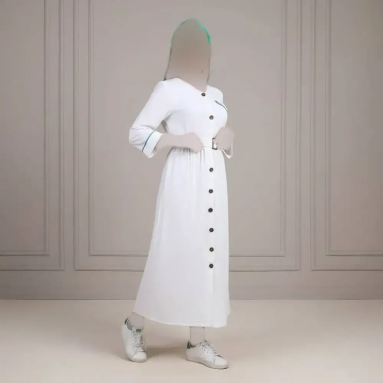 مانتو طرح سارا ابروبادی طوسی سفید قد 118 کمر کش دار دارای کمربند زنانه سایز 1 تا 4