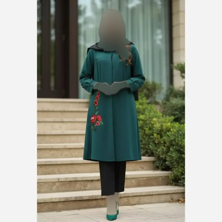 مانتو طرح گل گیس مازراتی سبز و مشکی سایز 1 و 2 قد 90