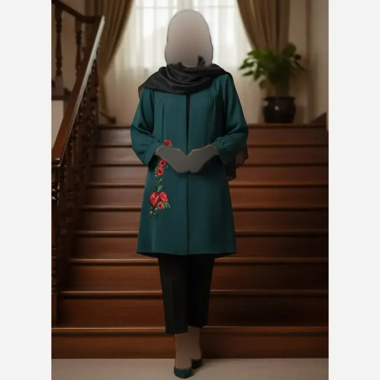 مانتو طرح گل گیس مازراتی سبز و مشکی سایز 1 و 2 قد 90