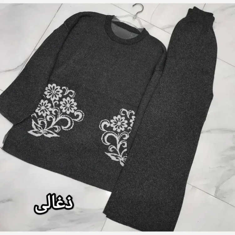 ست بافت دوگل زنانه فری سایز تا 50 شلوار دار جنس بافت نرم و لطیف رنگ بندی کرم ذغالی مشکی نسکافه ای