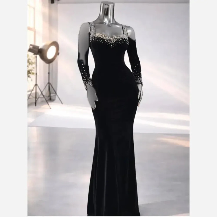 پیراهن ماکسی نگینی لاکچری فری سایز غواصی اعلا قد 145 مشکی