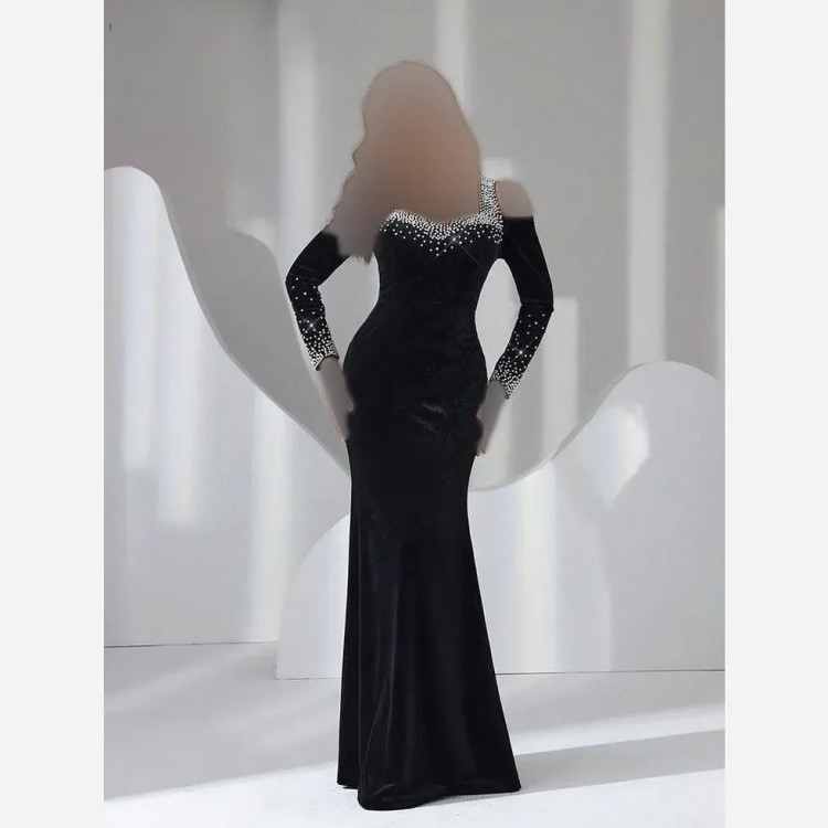 پیراهن ماکسی نگینی لاکچری فری سایز غواصی اعلا قد 145 مشکی