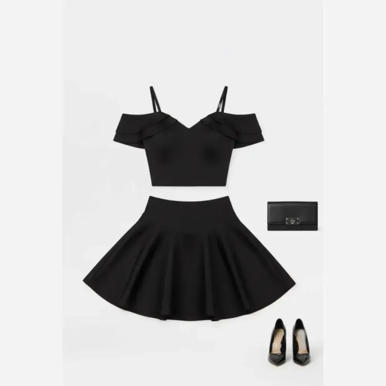 ست کراپ و دامن مجلسی فانتزی نیلو فری سایز مشکی گلاسکو اعلا