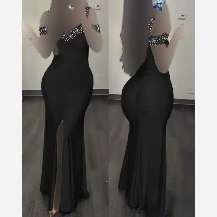 پیراهن ماکسی مجلسی نگینی شیک فری سایز غواصی قد 150 مشکی