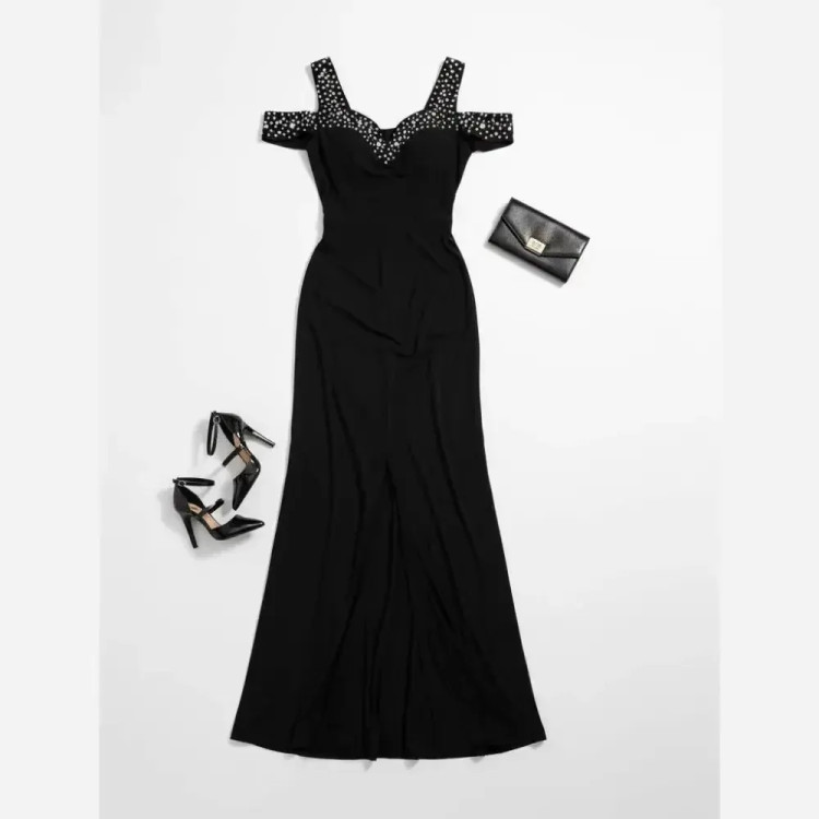 پیراهن ماکسی مجلسی نگینی شیک فری سایز غواصی قد 150 مشکی