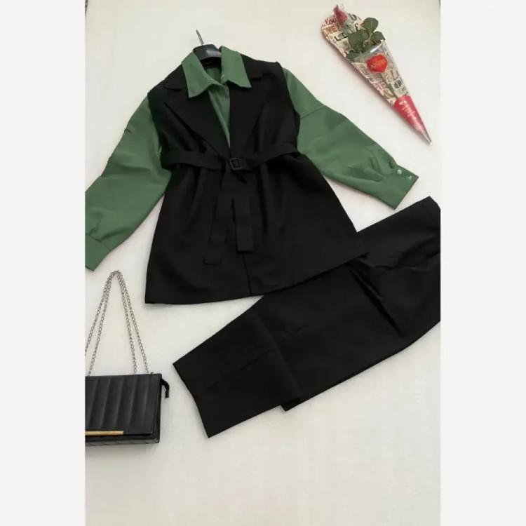 ست چهار تکه سامیتا شومیز، وست، شلوار و کمربند تترون و کتان لنین فری سایز زنانه