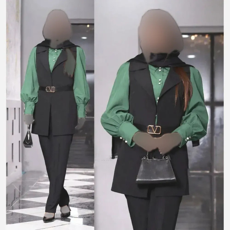 ست چهار تکه سامیتا شومیز، وست، شلوار و کمربند تترون و کتان لنین فری سایز زنانه