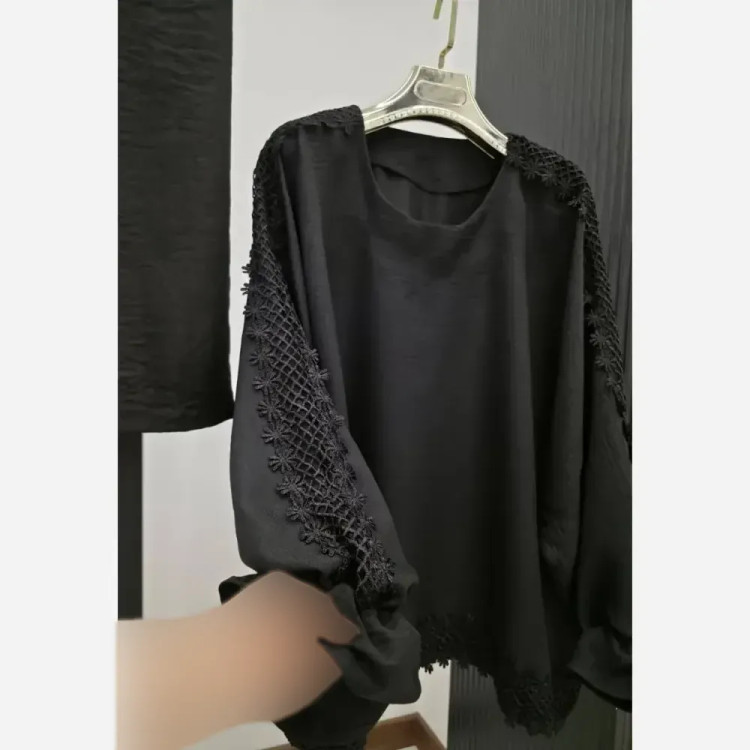 ست بلوز و دامن پیچک مشکی صوفیا فیری سایز 38 تا 60 خرجکار نوار قلاب بافی