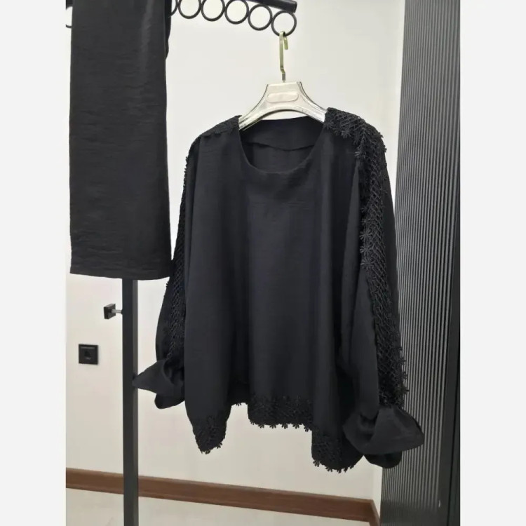 ست بلوز و دامن پیچک مشکی صوفیا فیری سایز 38 تا 60 خرجکار نوار قلاب بافی