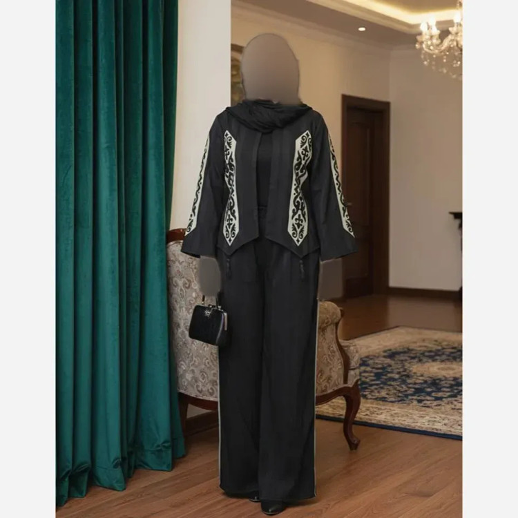 ست مانتو شلوار فرشته مراکشی مشکی سایز بزرگ خرجکار لیزر شده و منگوله