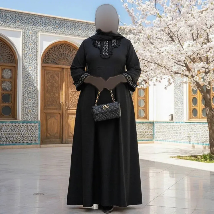 مانتو زنانه وانیا مشکی سایز بزرگ قد بلند خرجکار پولک و گلدوزی کمر بند دار